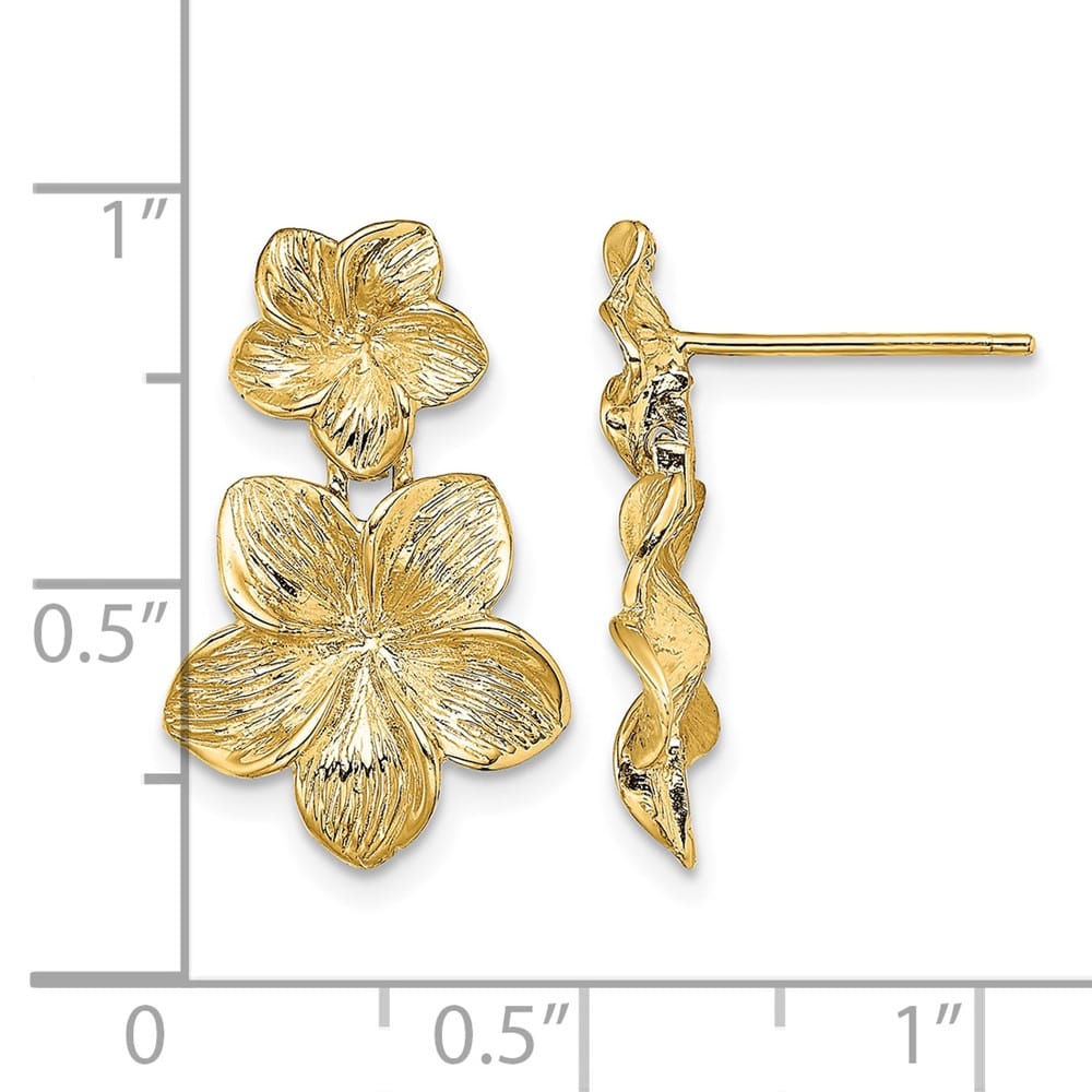 14K Yellow Gold Double Plumeria Flower Post Dangle 20 mm Earrings, view 4 of 4