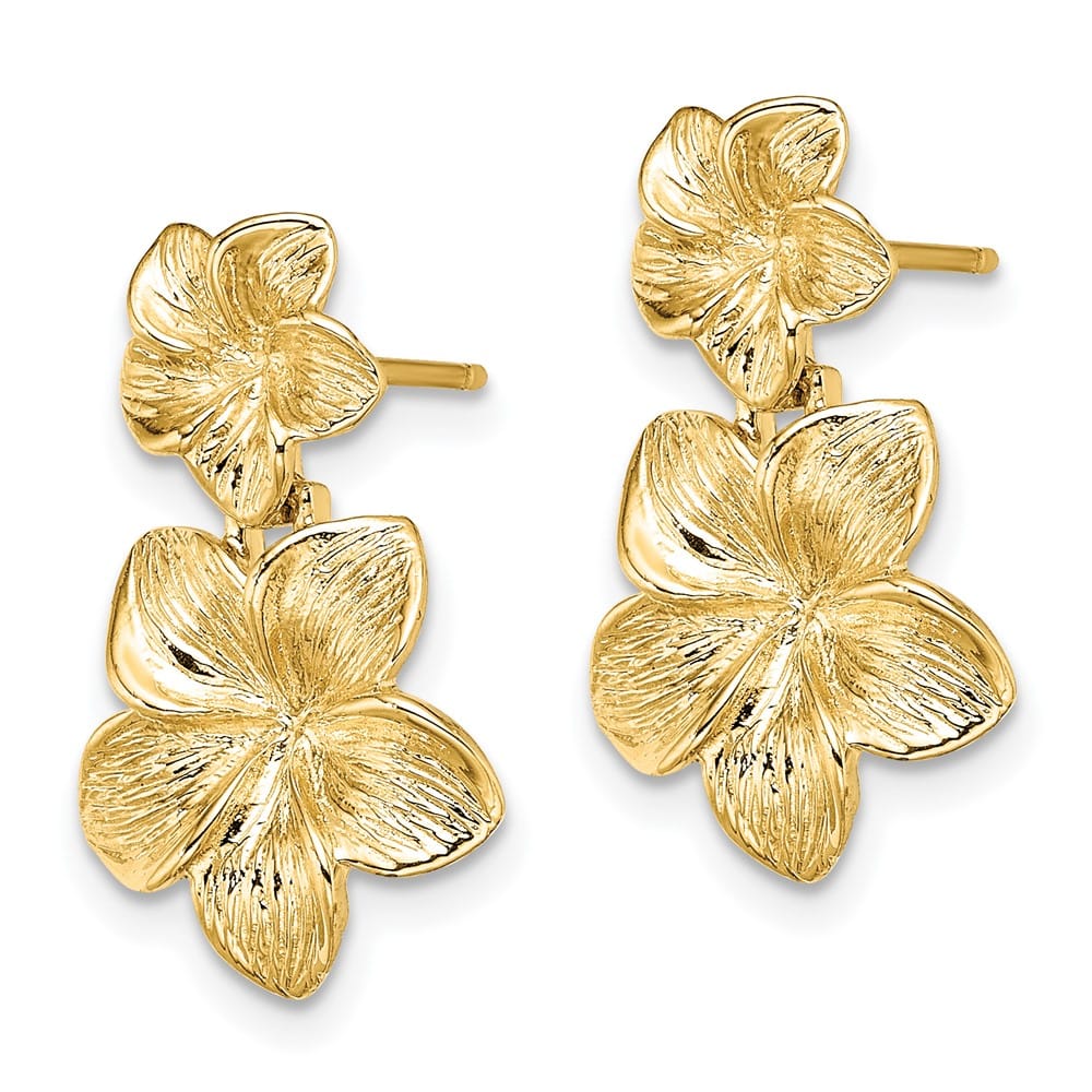 14K Yellow Gold Double Plumeria Flower Post Dangle 20 mm Earrings, view 2 of 4