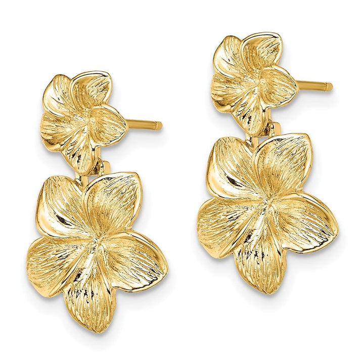 14K Yellow Gold Double Plumeria Flower Post Dangle 20 mm Earrings, view 2 of 4