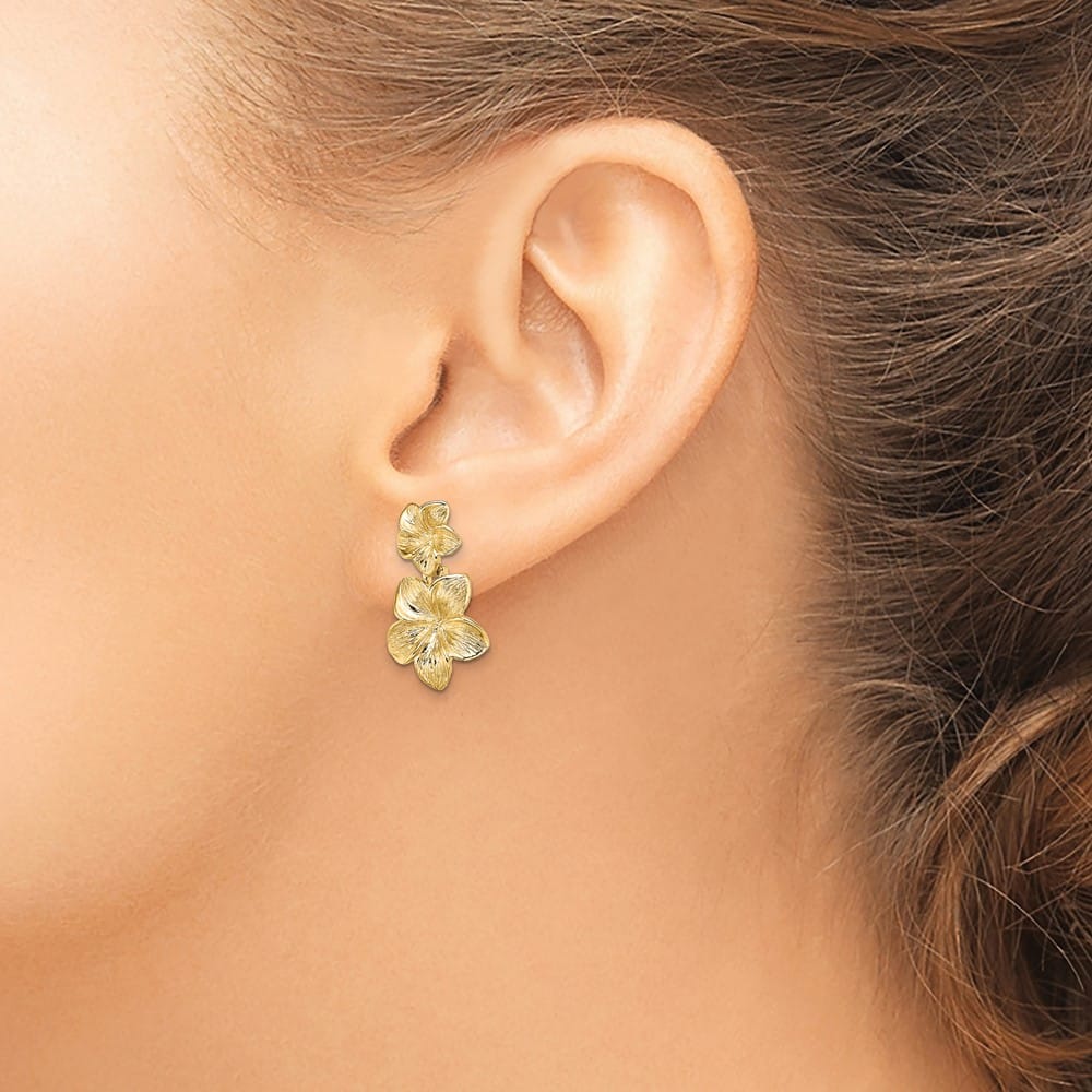 14K Yellow Gold Double Plumeria Flower Post Dangle 20 mm Earrings, view 3 of 4