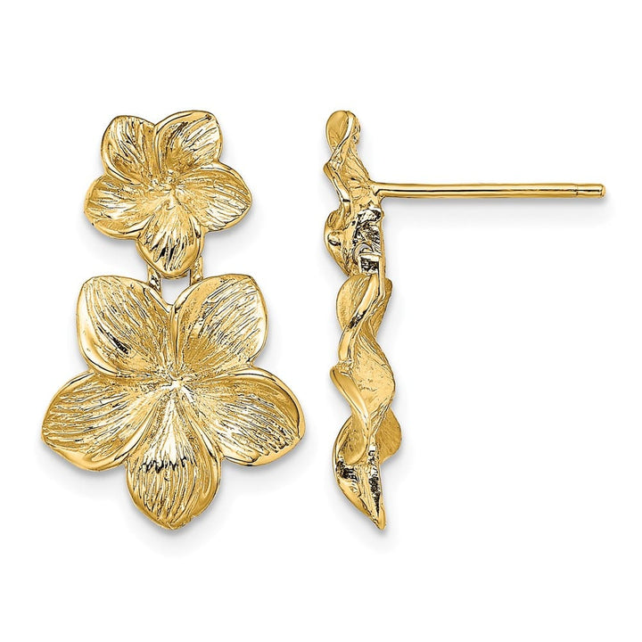 14K Yellow Gold Double Plumeria Flower Post Dangle 20 mm Earrings, view 1 of 4