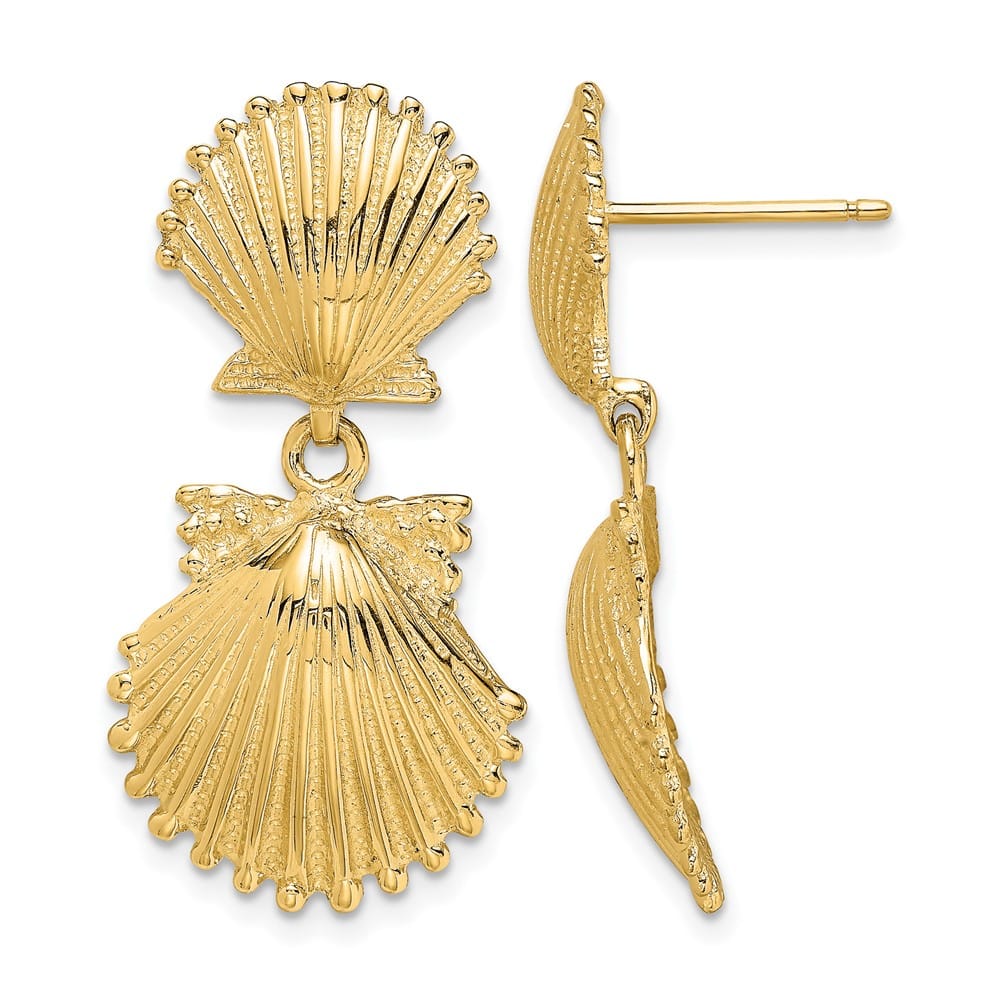 14K Yellow Gold Double Scallop Shell Dangle Earrings, view 1 of 4