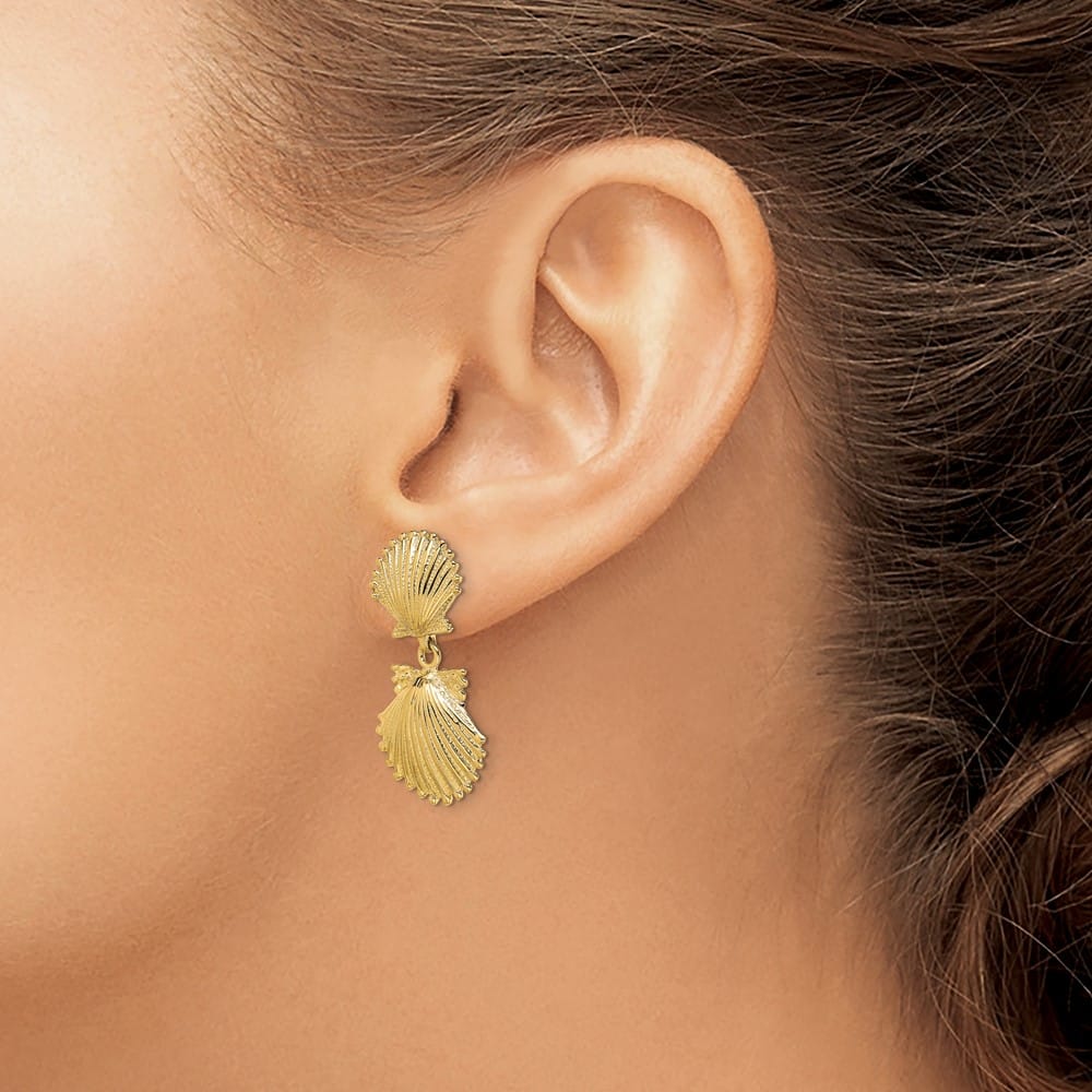 14K Yellow Gold Double Scallop Shell Dangle Earrings, view 3 of 4