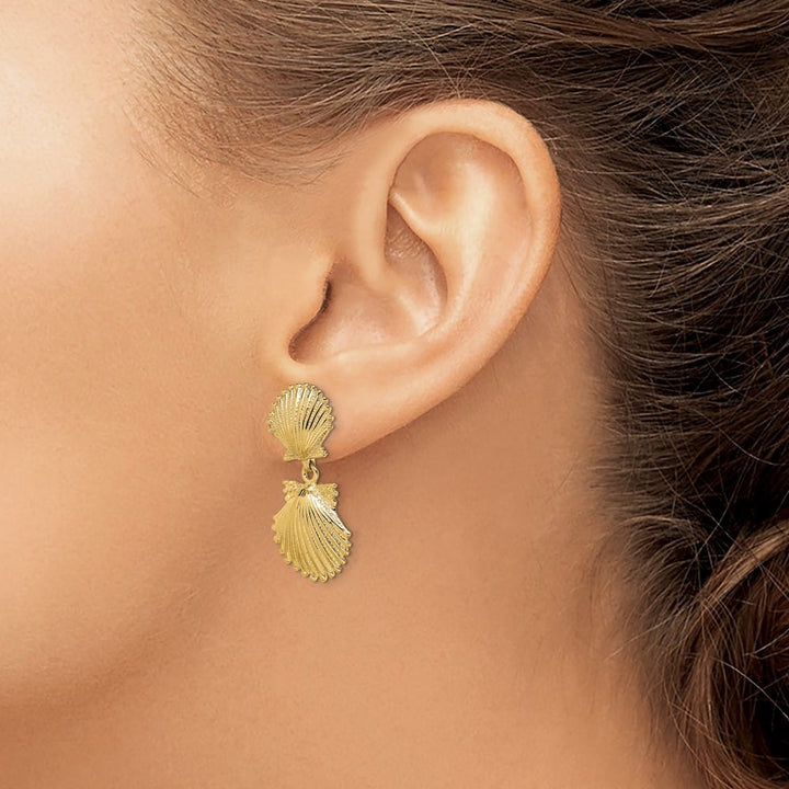 14K Yellow Gold Double Scallop Shell Dangle Earrings, view 3 of 4