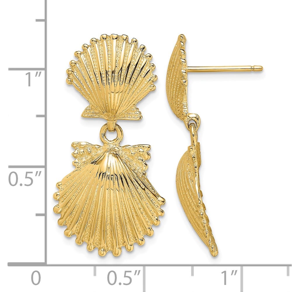 14K Yellow Gold Double Scallop Shell Dangle Earrings, view 4 of 4