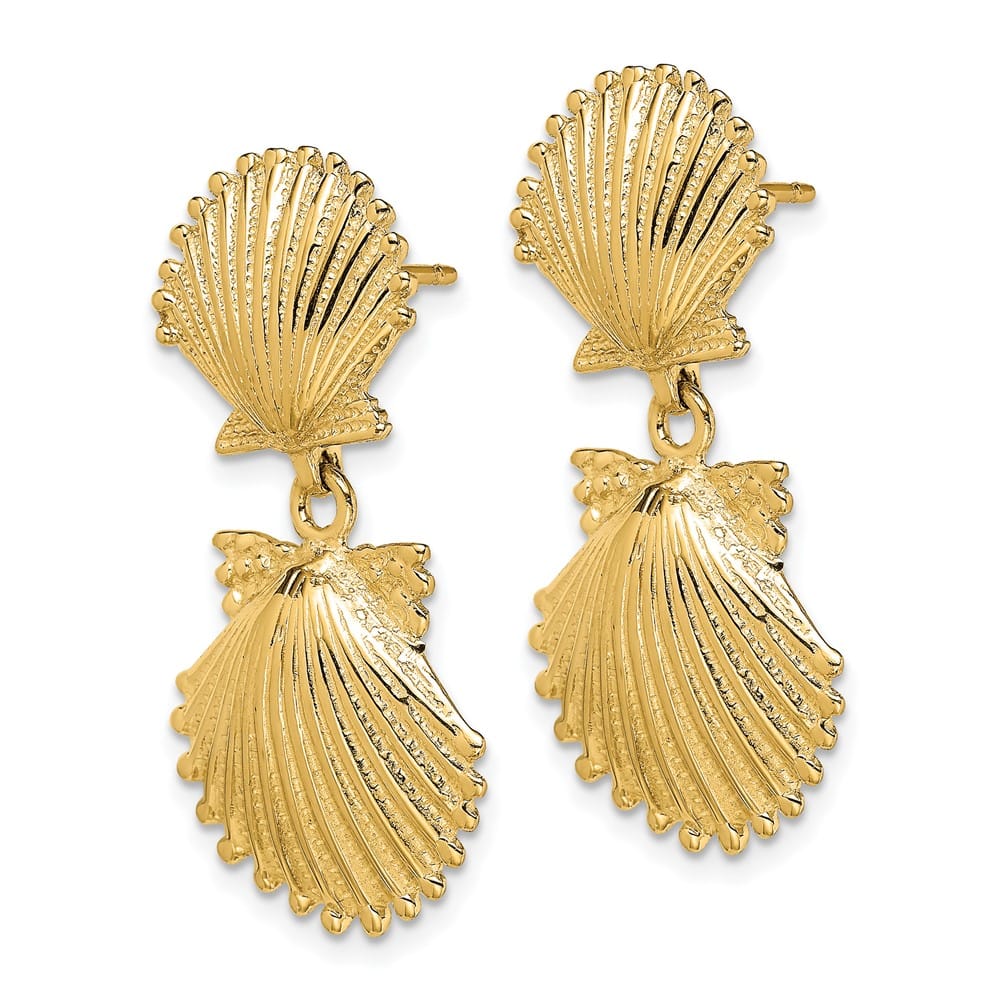 14K Yellow Gold Double Scallop Shell Dangle Earrings, view 2 of 4