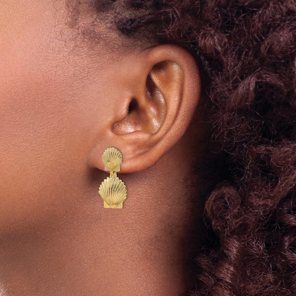 14K Yellow Gold Double Scallop Shell Post Earrings, view 3 of 4