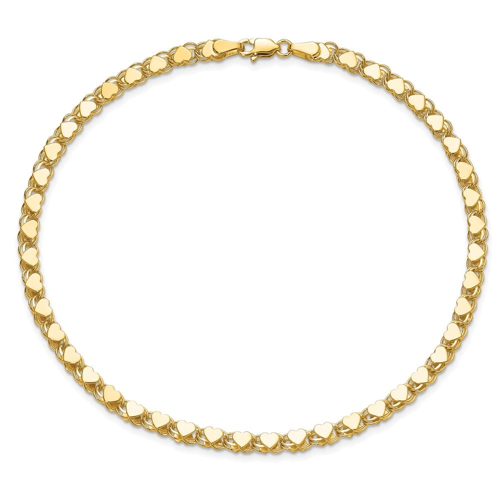 14K Yellow Gold Double-Sided Hearts Double Link 4 mm 9 Inch Anklet