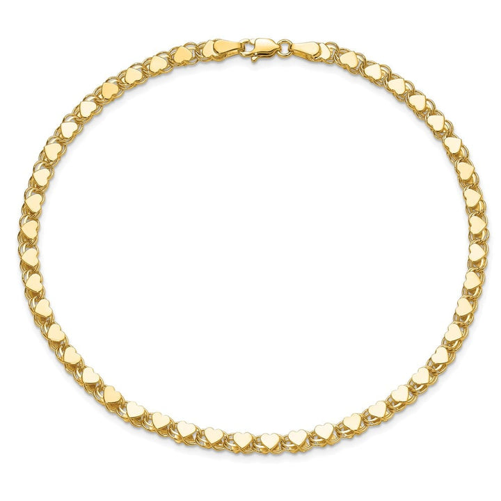 14K Yellow Gold Double-Sided Hearts Double Link 4 mm 9 Inch Anklet