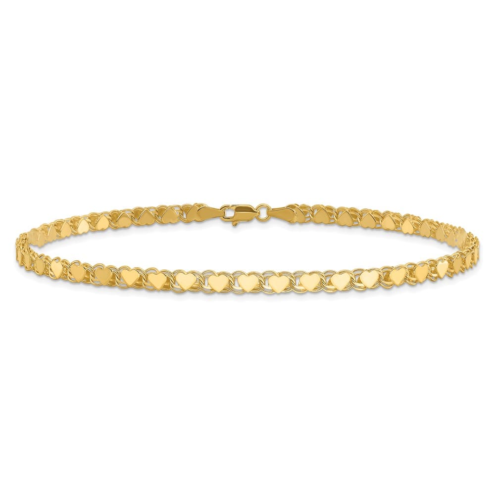 14K Yellow Gold Double-Sided Hearts Double Link 4 mm 9 Inch Anklet