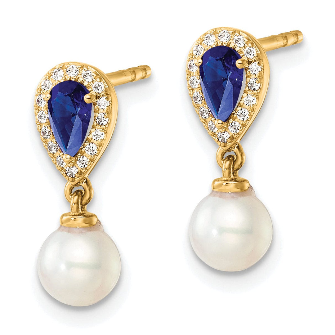 14K Yellow Gold Elegant 7mm Pearl Diamond Sapphire Dangles