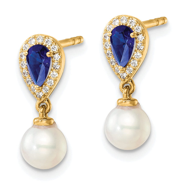14K Yellow Gold Elegant 7mm Pearl Diamond Sapphire Dangles