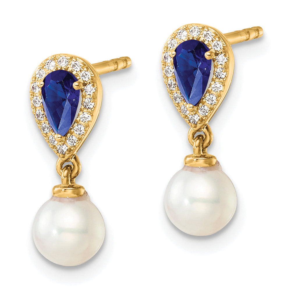 14K Yellow Gold Elegant 7mm Pearl Diamond Sapphire Dangles