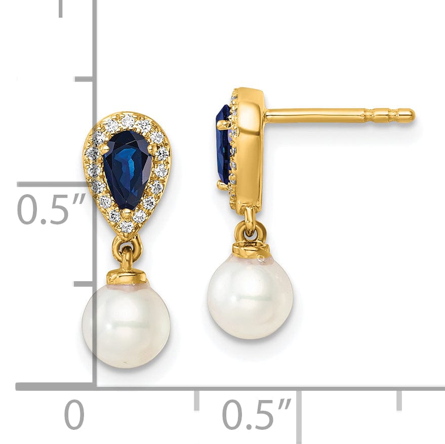 14K Yellow Gold Elegant 7mm Pearl Diamond Sapphire Dangles
