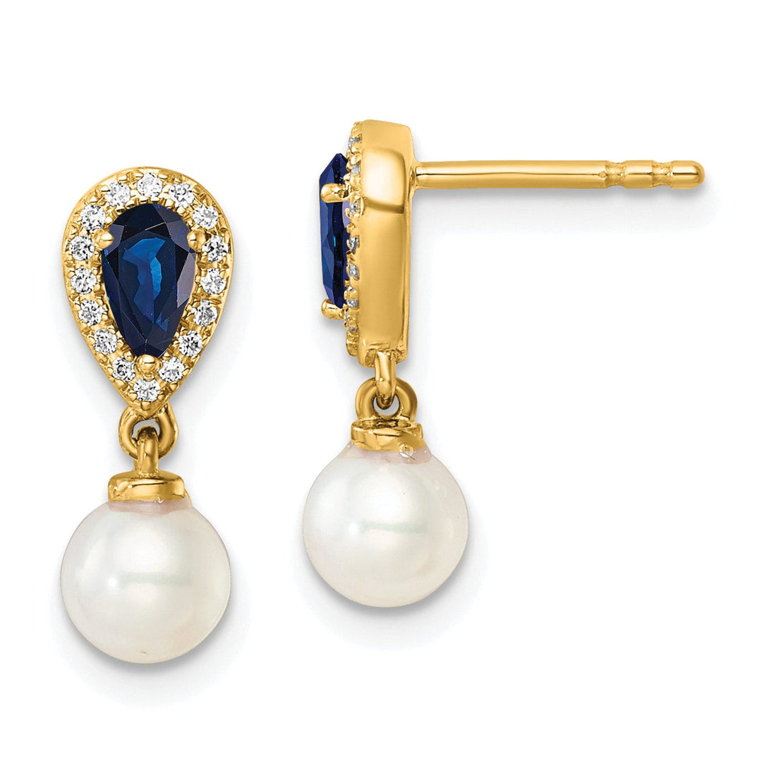 14K Yellow Gold Elegant 7mm Pearl Diamond Sapphire Dangles