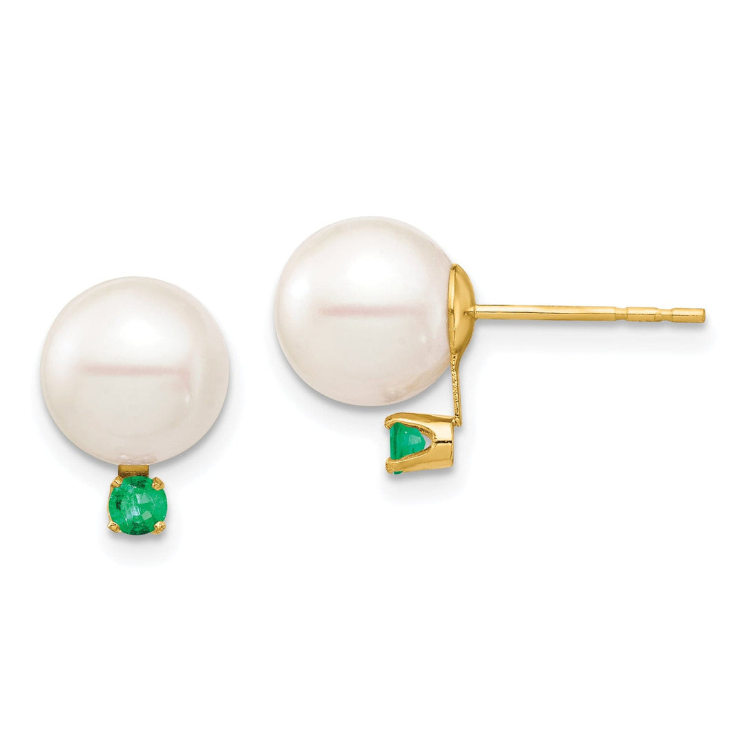 14K Yellow Gold Elegant 8-8.5mm Freshwater Pearl Emerald Studs