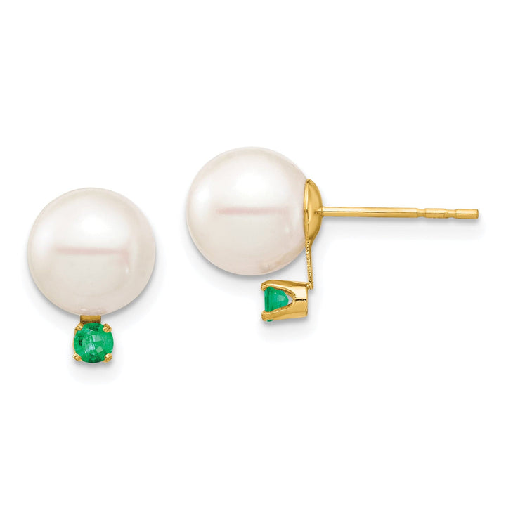 14K Yellow Gold Elegant 8-8.5mm Freshwater Pearl Emerald Studs