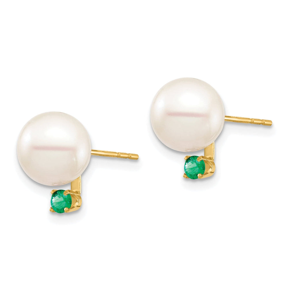 14K Yellow Gold Elegant 8-8.5mm Freshwater Pearl Emerald Studs