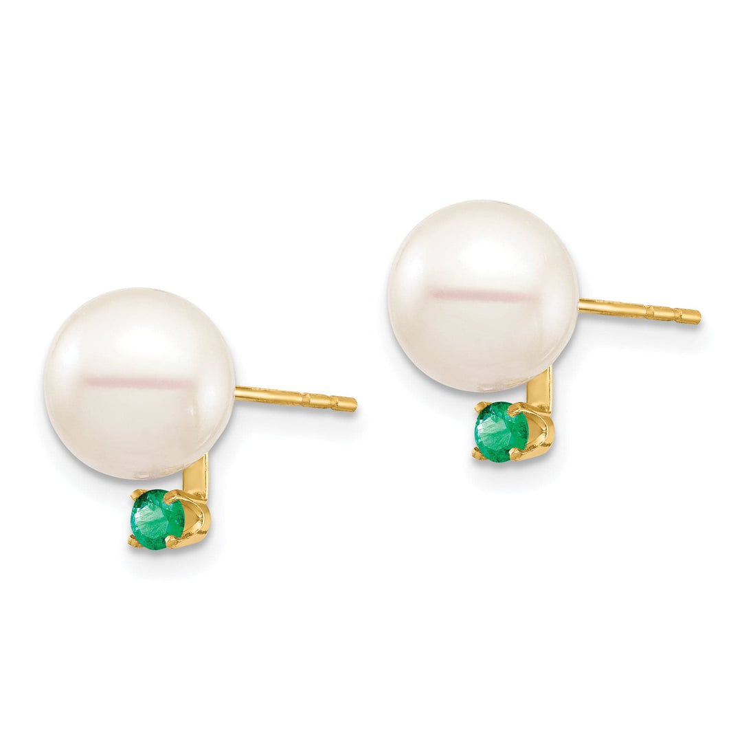 14K Yellow Gold Elegant 8-8.5mm Freshwater Pearl Emerald Studs