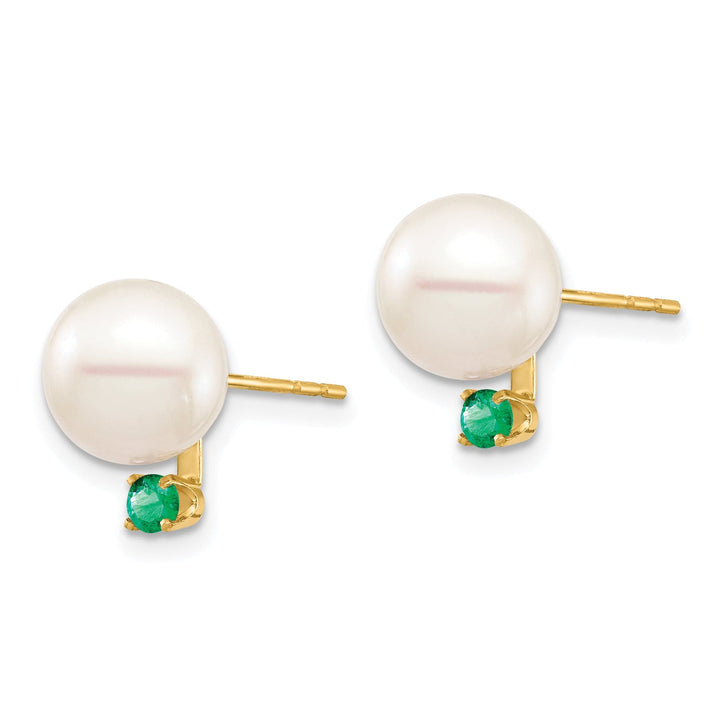 14K Yellow Gold Elegant 8-8.5mm Freshwater Pearl Emerald Studs