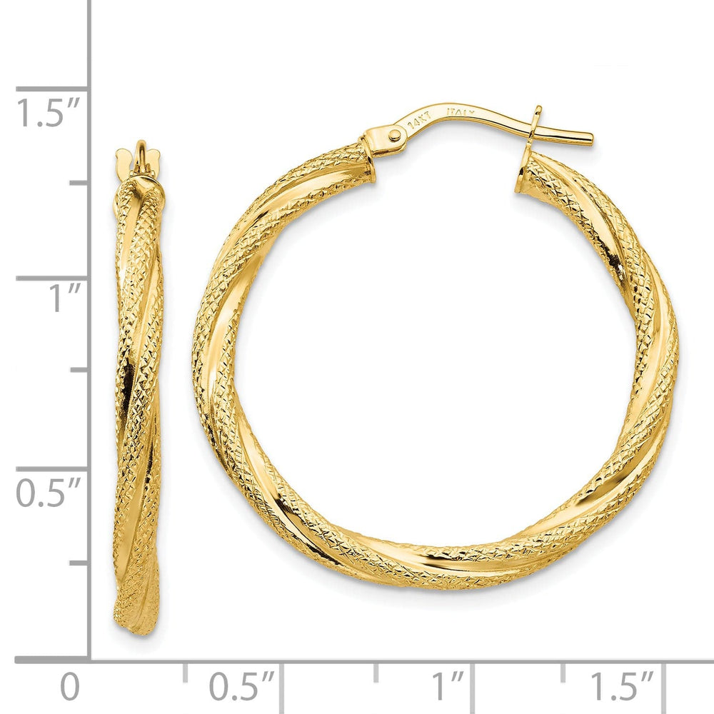 14K Yellow Gold Elegant Textured 32mm Twisted Hoops