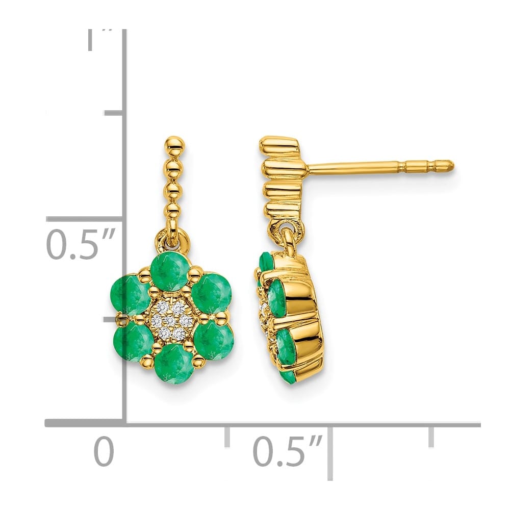 14K Yellow Gold Emerald and Diamond Floral Dangle Post Earrings, view 4 of 4