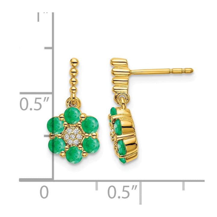 14K Yellow Gold Emerald and Diamond Floral Dangle Post Earrings, view 4 of 4