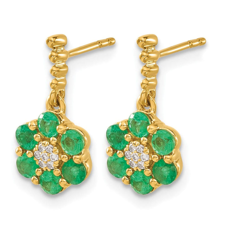 14K Yellow Gold Emerald and Diamond Floral Dangle Post Earrings, view 2 of 4