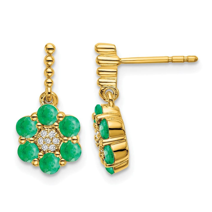 14K Yellow Gold Emerald and Diamond Floral Dangle Post Earrings, view 1 of 4