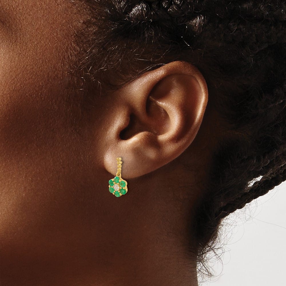 14K Yellow Gold Emerald and Diamond Floral Dangle Post Earrings, view 3 of 4