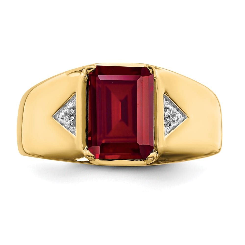14k Yellow Gold Emerald-cut Lab-Created Ruby Diamond Men's Ring