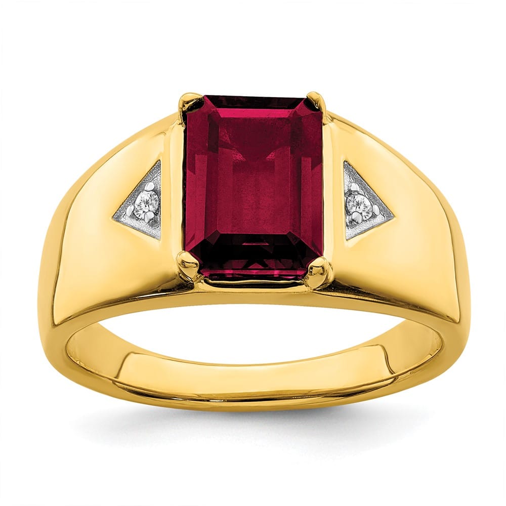 14k Yellow Gold Emerald-cut Lab-Created Ruby Diamond Men's Ring