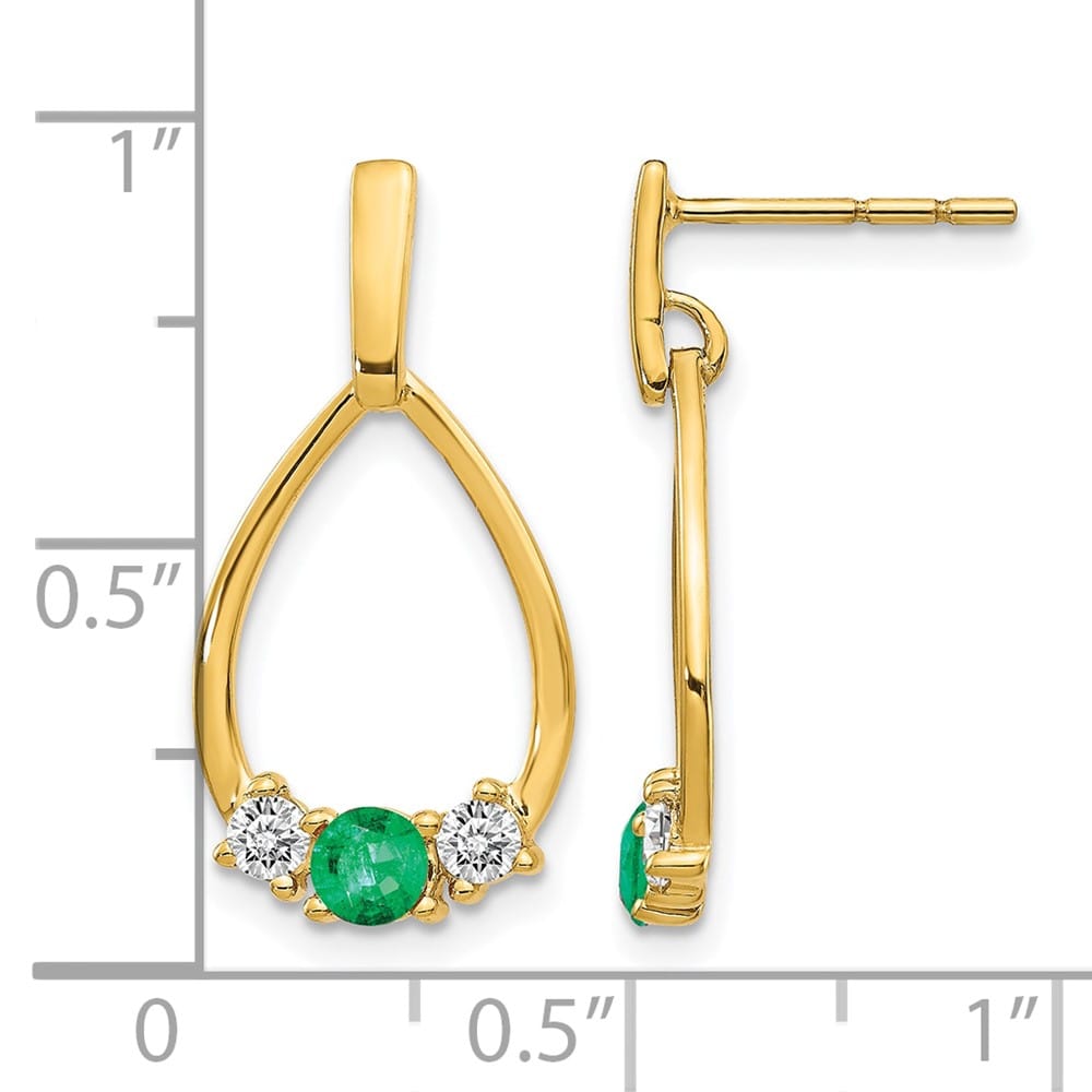 14K Yellow Gold Emerald White Sapphire Teardrop Post Dangle Earrings, view 4 of 4
