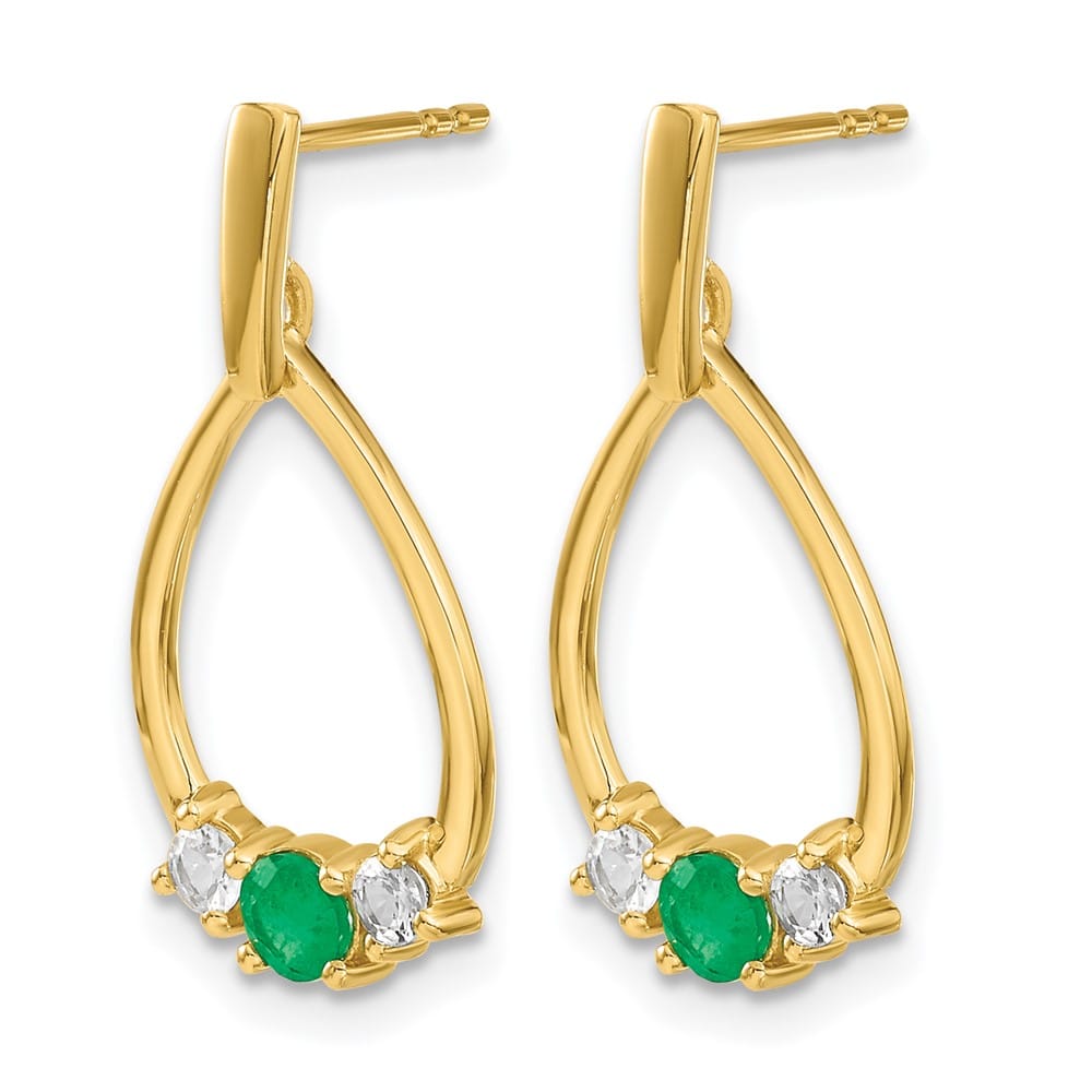 14K Yellow Gold Emerald White Sapphire Teardrop Post Dangle Earrings, view 2 of 4