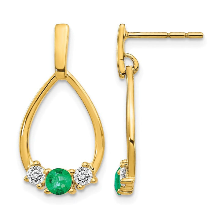 14K Yellow Gold Emerald White Sapphire Teardrop Post Dangle Earrings, view 1 of 4