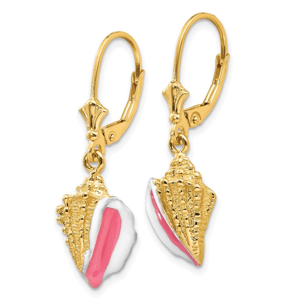 14K Yellow Gold Enameled Conch Shell Leverback Earrings, view 2 of 4