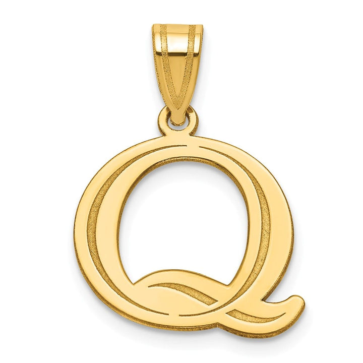 14k Yellow Gold Etched Finish Block Letter Q Initial Design Pendant