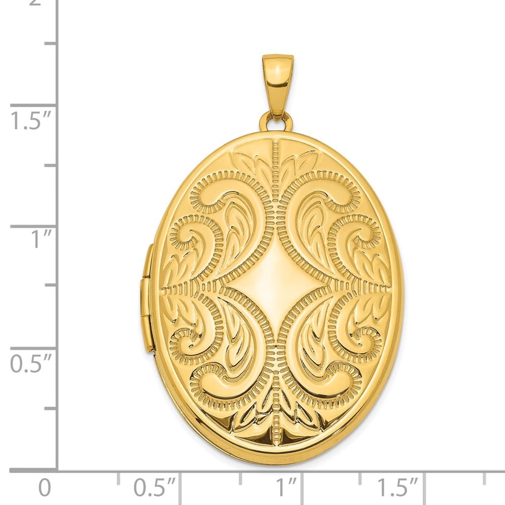 14K Yellow Gold Fancy Engraved 38mm Oval Family Locket Holds 6 Photos