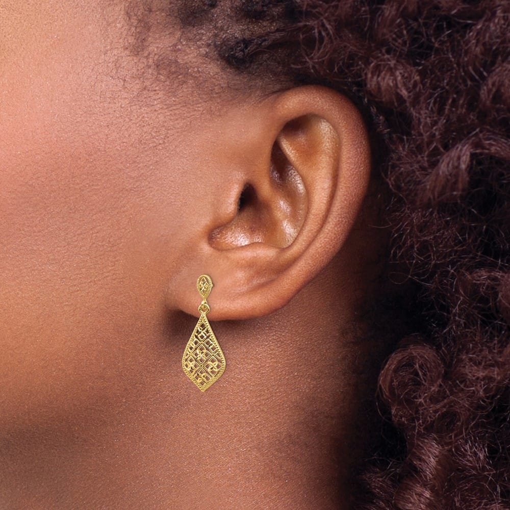 14K Yellow Gold Fancy Filigree Dangle Post Earrings, view 3 of 4