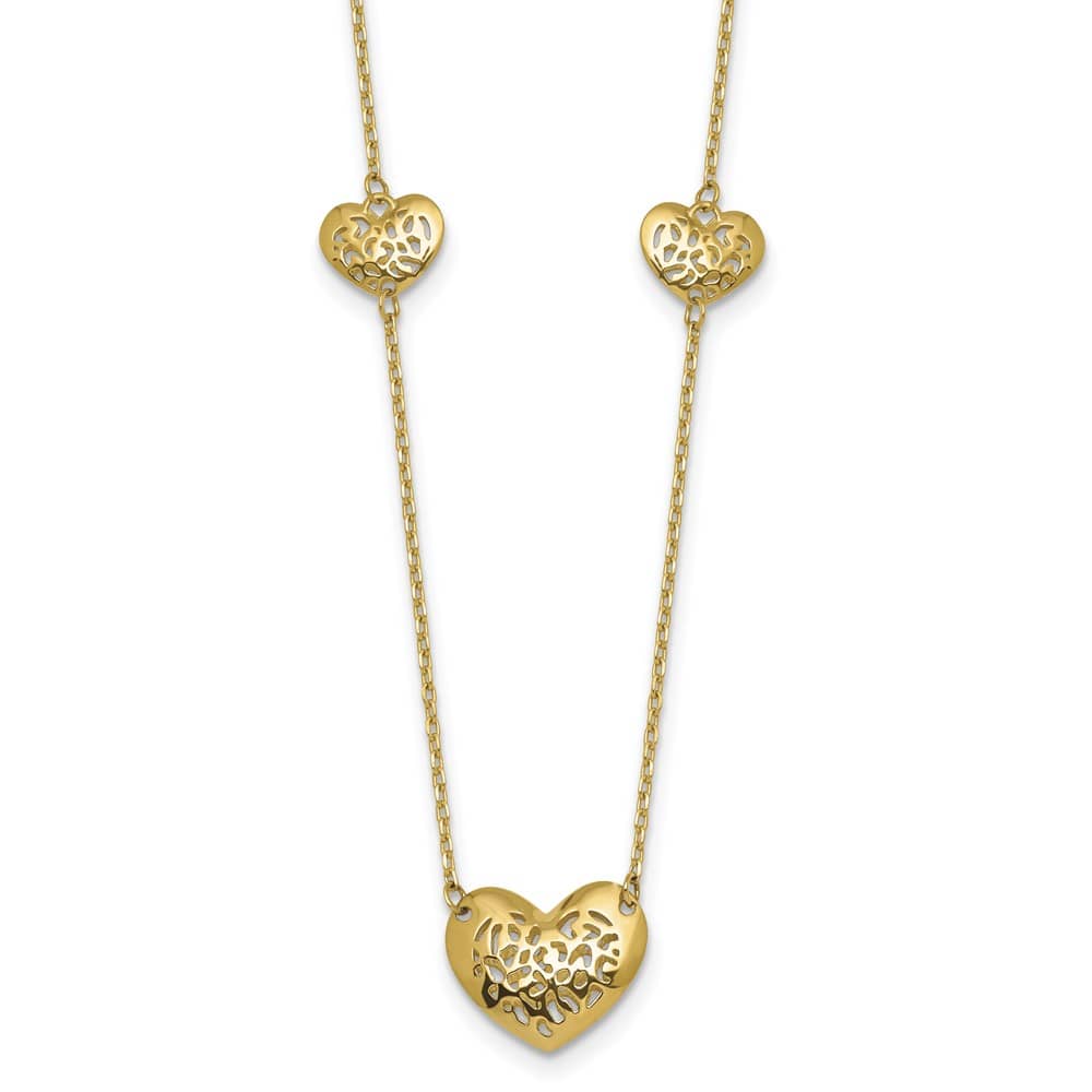 14K Yellow Gold Filigree Puffed Heart 3-Station 18 inch Necklace