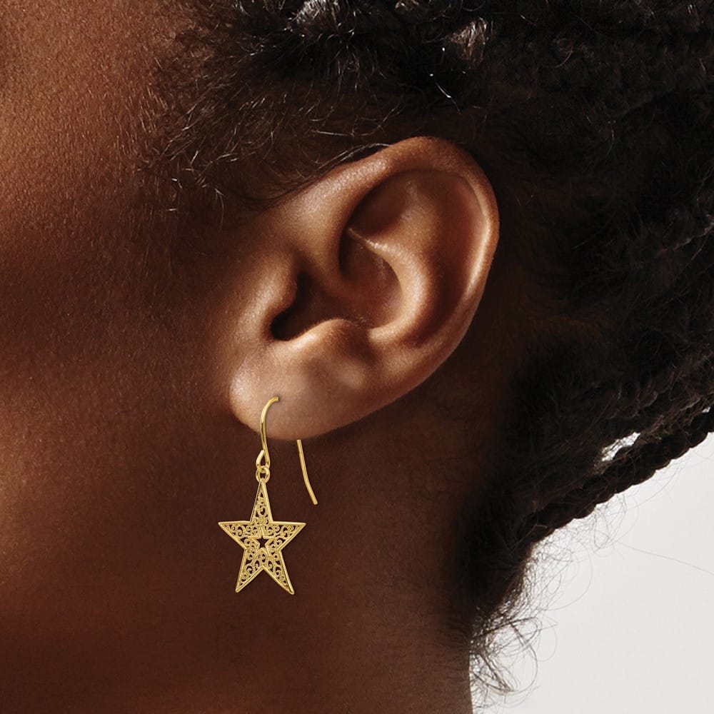 14K Yellow Gold Filigree Star French Hook Earrings, view 3 of 4