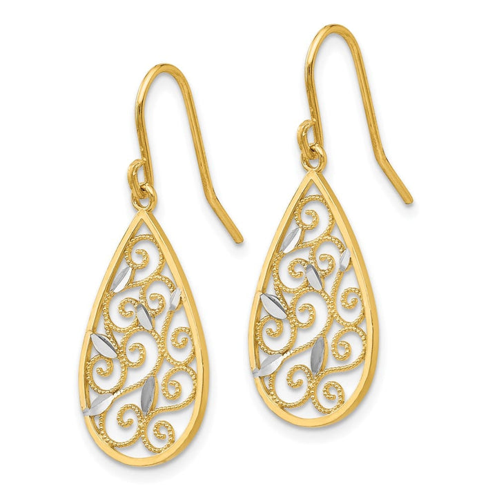 14K Yellow Gold Filigree Teardrop Dangle French Hook 32 mm Earrings, view 2 of 4
