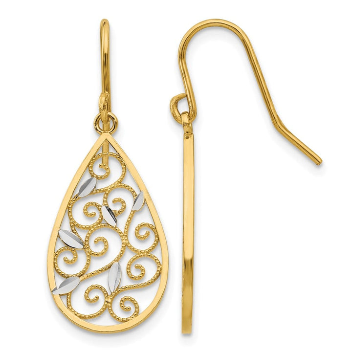 14K Yellow Gold Filigree Teardrop Dangle French Hook 32 mm Earrings, view 1 of 4