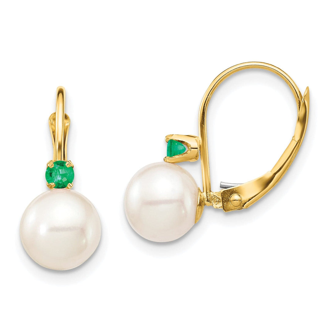 14K Yellow Gold Fine 7-7.5mm Freshwater Pearl Emerald Leverbacks