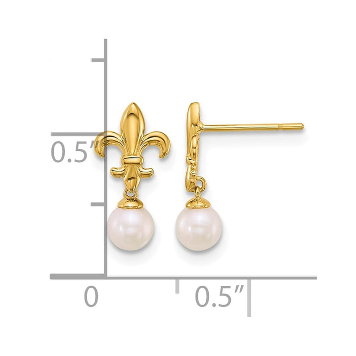 14K Yellow Gold Fleur de Lis 3-4mm Pearl Post Dangle Earrings, view 3 of 3