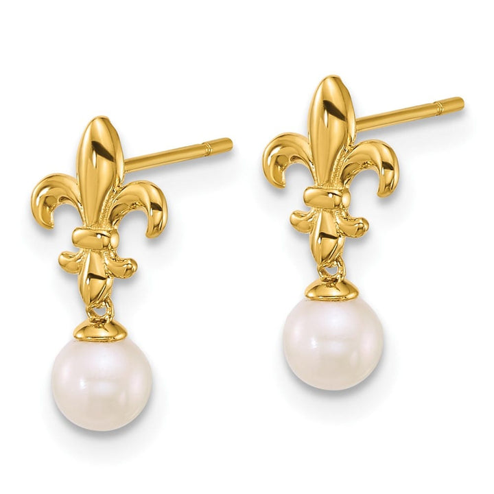 14K Yellow Gold Fleur de Lis 3-4mm Pearl Post Dangle Earrings, view 2 of 3