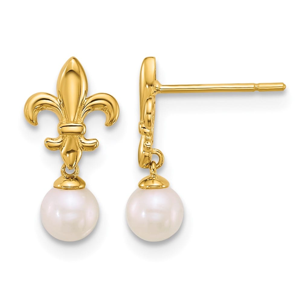 14K Yellow Gold Fleur de Lis 3-4mm Pearl Post Dangle Earrings, view 1 of 3