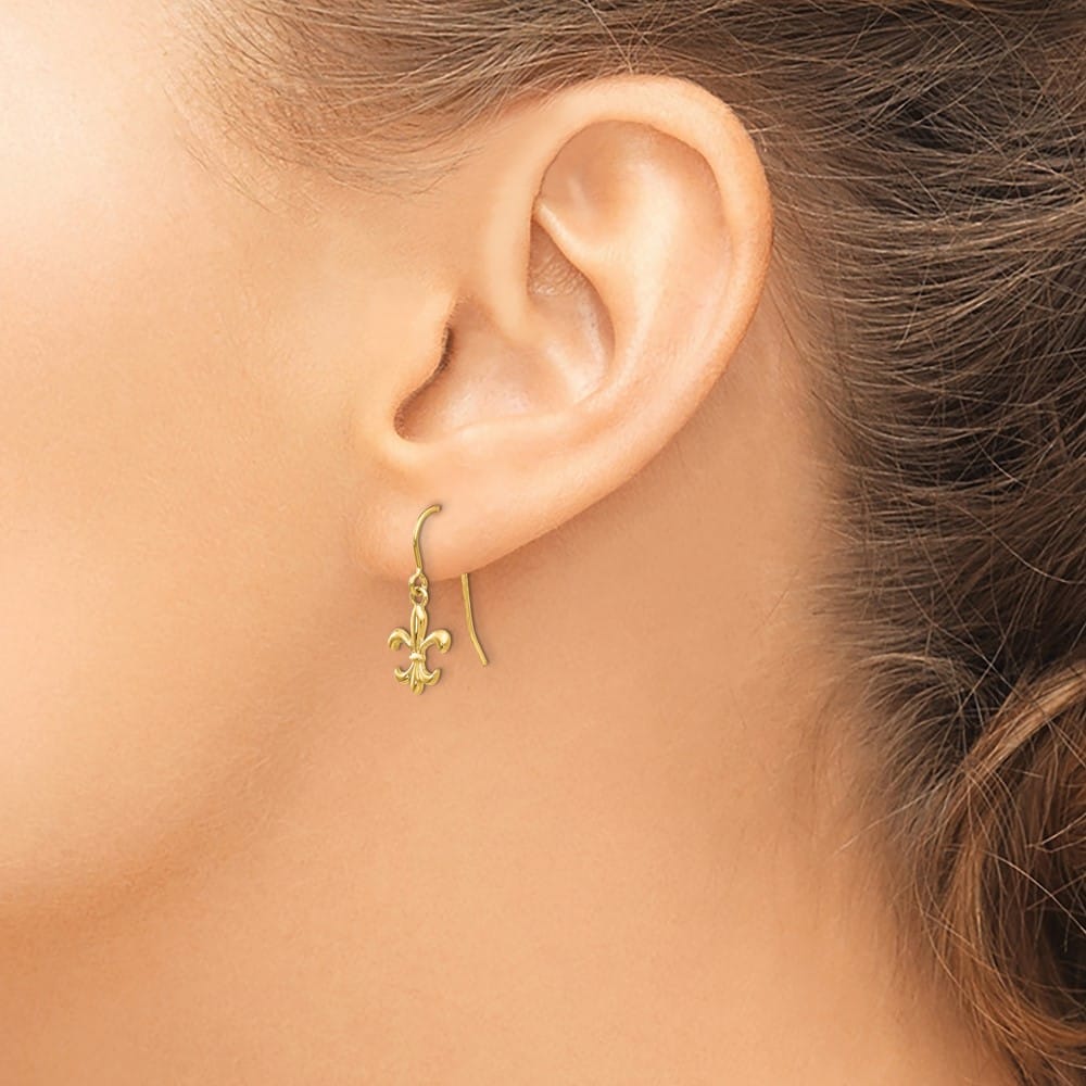 14K Yellow Gold Fleur de lis Dangle French Hook Earrings, view 3 of 4