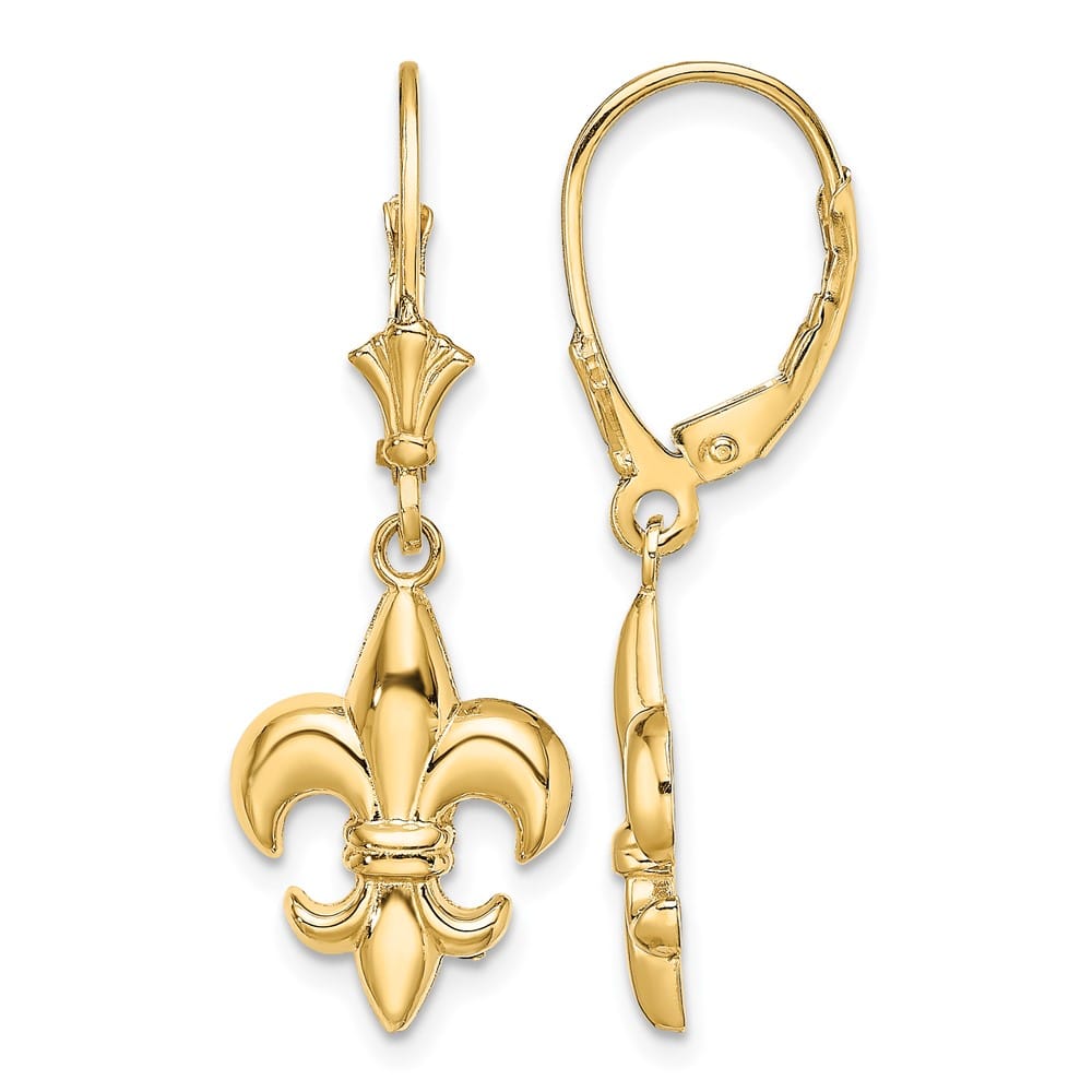 14K Yellow Gold Fleur-de-Lis Dangle Leverback Earrings, view 1 of 4