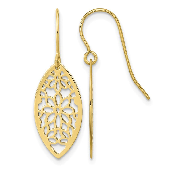 14K Yellow Gold Flower in Oval Frame Dangle French Hook Earrings, view 1 of 4
